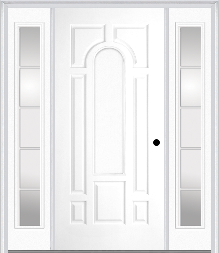 MMI 8 PANEL CENTER ARCH 3'0" X 6'8" FIBERGLASS SMOOTH EXTERIOR PREHUNG DOOR WITH 2 FULL LITE SDL GRILLES GLASS SIDELIGHTS 630